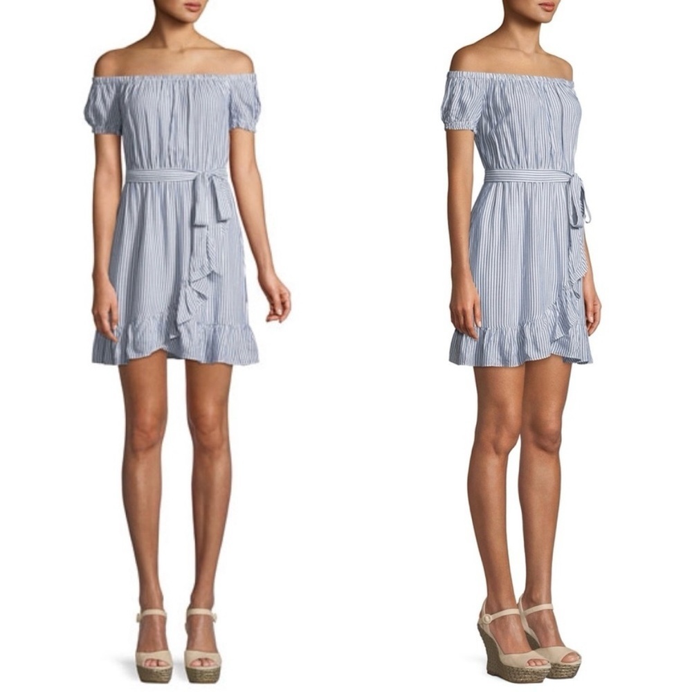 Bardot Bobbi Off-Shoulder Blue Striped Dress Size 4/XS